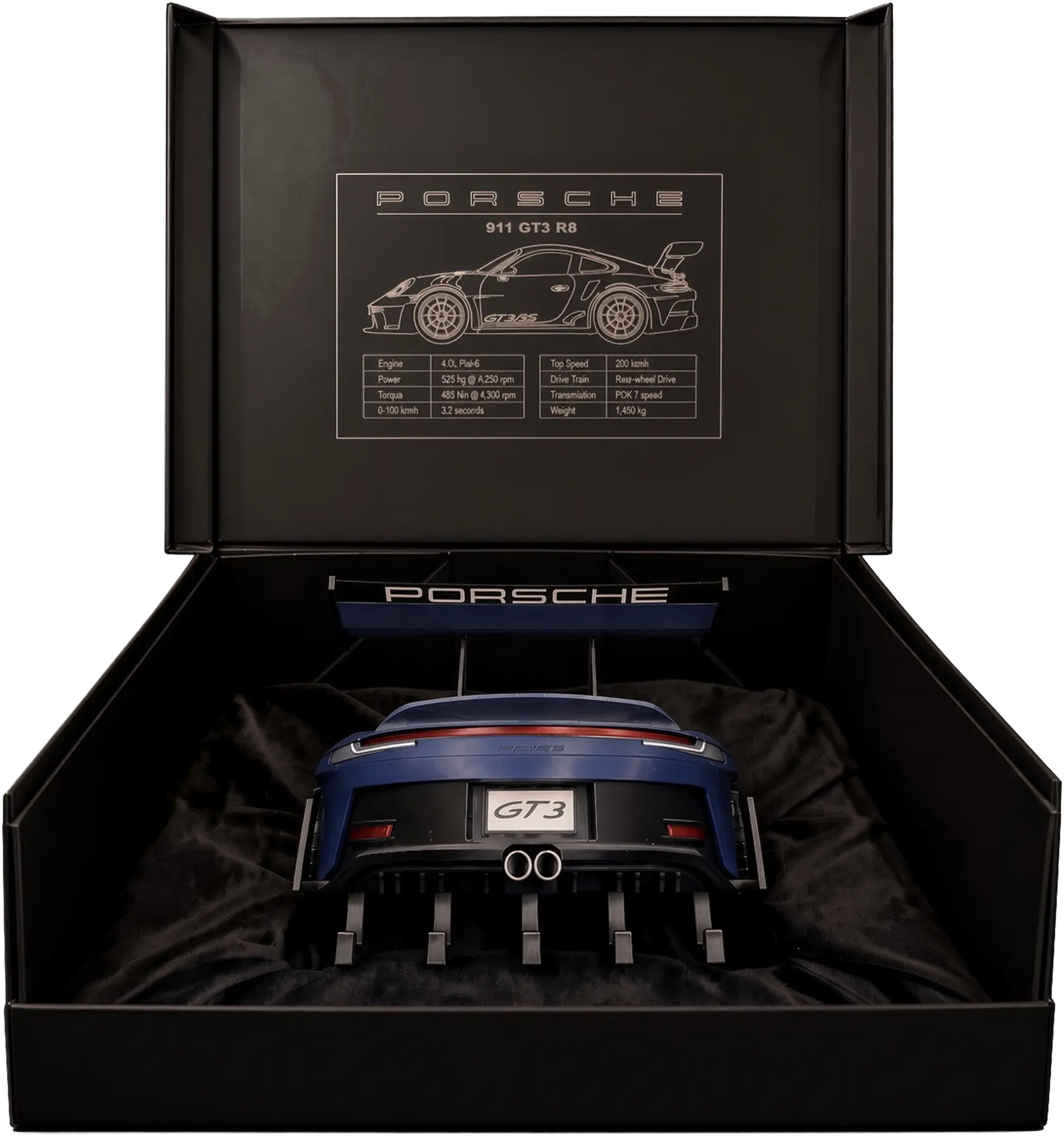Porta-chaves do Porsche GT3 RS acomodado na caixa preta, com a tampa aberta